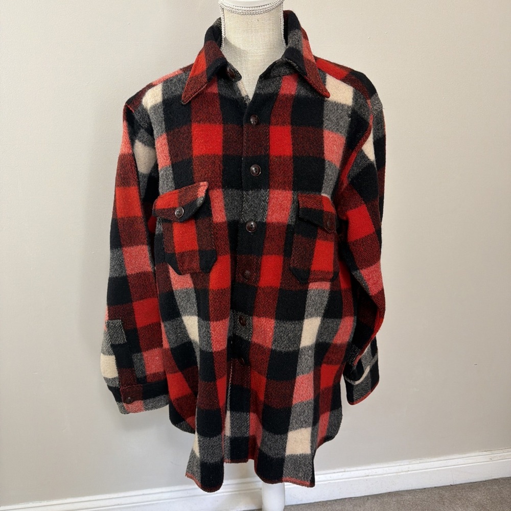 Vtg Woolrich Wool Jacket Black Whote Red Bugffalo‎ Check Size 17 (XL)